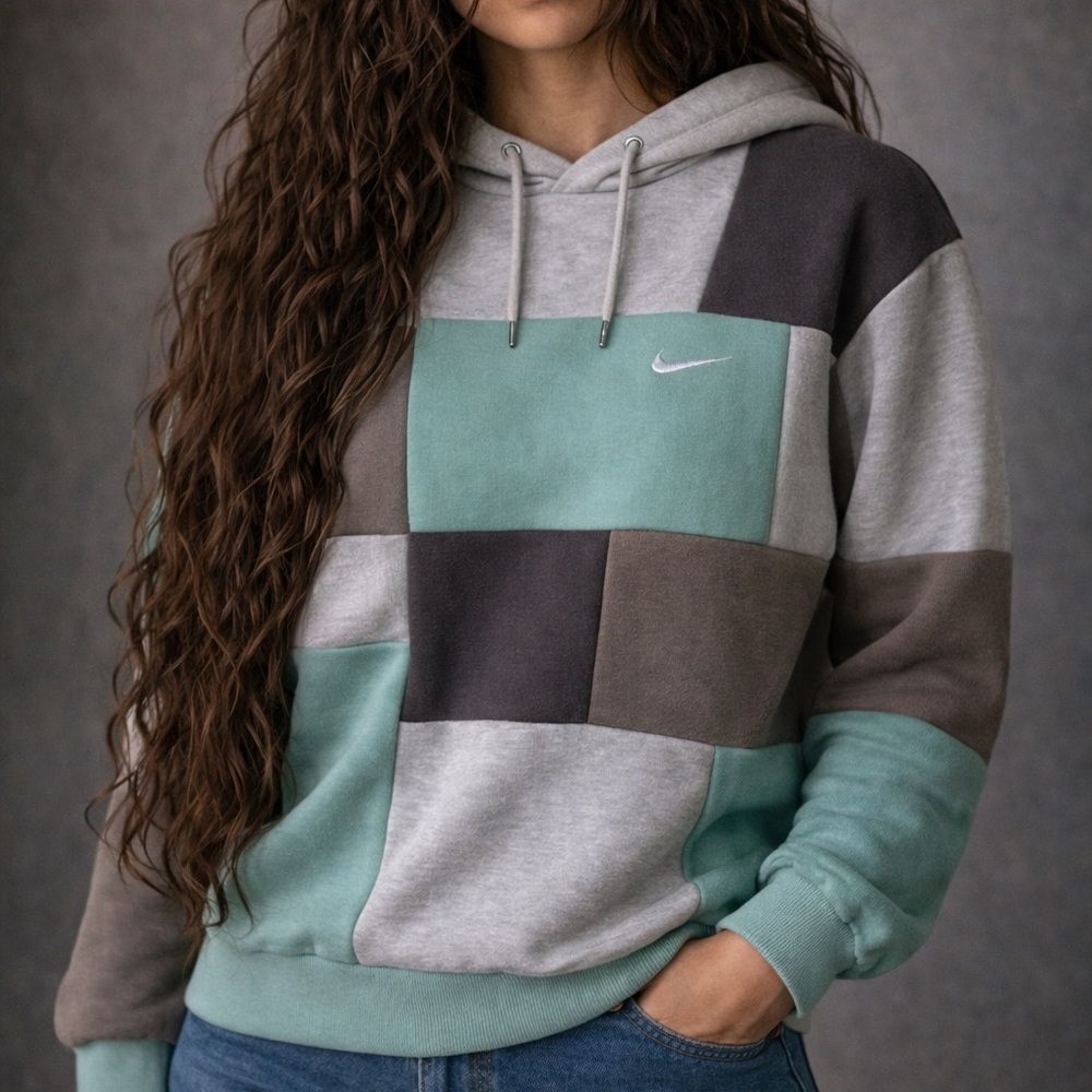 Upcycled Nike Patchwork Pullover Relaxed Casual Hoodie Teal,Brown,Gray, Sweater - Picture 1 of 3